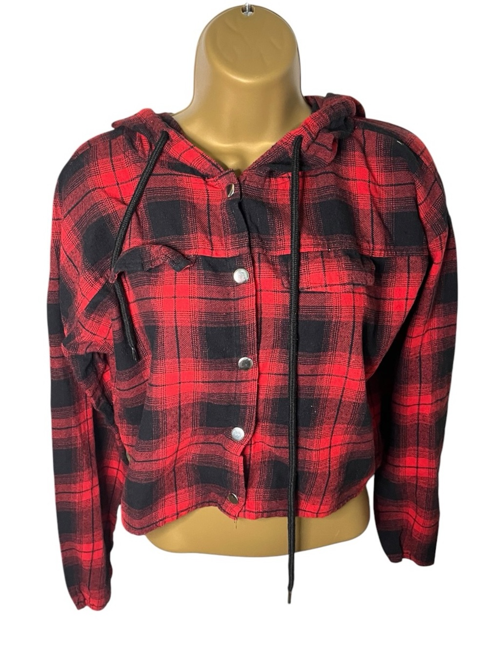 Vintage Y2K Spoon Jeans Plaid Hooded Jacket Snap Front Crop Red Black M Juniors